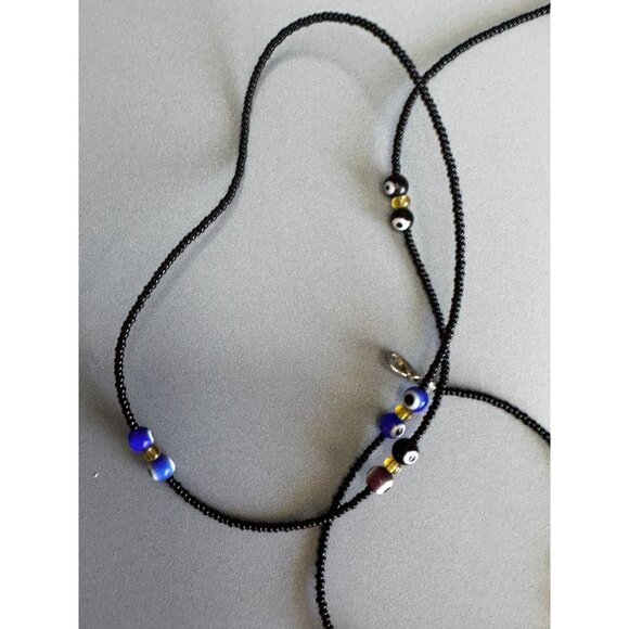 26" Black Seed Bead Necklace with Glass Evil Eye Beads Boho Artisan Layering - Picture 4 of 5